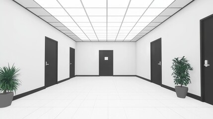 Poster - Minimalist White Corridor with Dark Doors and Plants