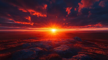 Mountain sunset over vast landscape, vibrant red sky