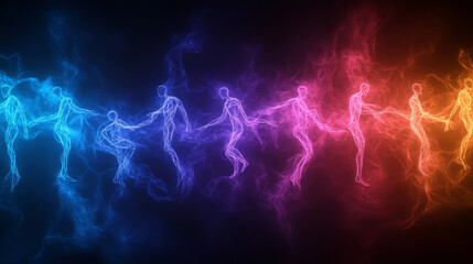Poster - network of bright abstract human silhouettes connected by energy, showcasing unity and collaboration. vibrant colors transition from blue to purple to red, creating dynamic visual effect