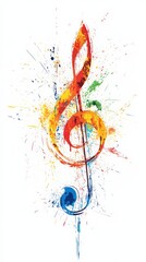Poster - Vibrant paint splashes form a dynamic treble clef, symbolizing musical energy, creativity, and the joy of sound, perfect for representing music related themes