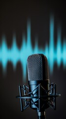 Leinwandbilder - Studio microphone capturing audio with a digital waveform displayed on a screen in the background, representing sound recording, music production, or voice over work