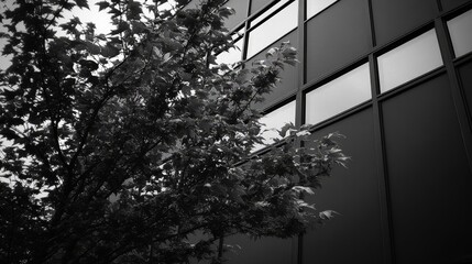 Poster - Modern Building Facade and Leafy Tree Black and White Photography
