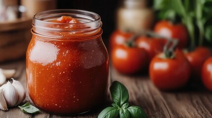 Wall Mural - homemade ketchup, adjika, tomato paste. Homemade tomato sauce sits in a jar with fresh tomatoes, garlic, and basil on a sunlit rustic kitchen table.