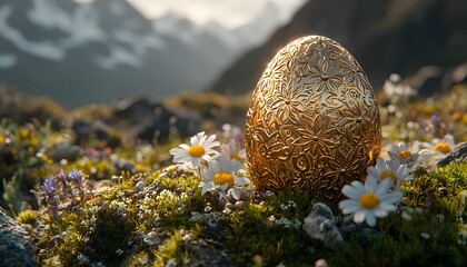 Poster - Beautifully Decorated Golden Egg Surrounded by Wildflowers in a Serene Mountain Landscape, Capturing Nature’s Breathtaking Beauty and Intricate Designs
