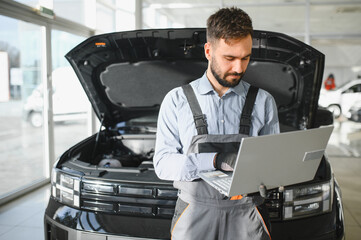 Leinwandbilder - Auto mechanic using computer diagnostic program while repairing car in workshop