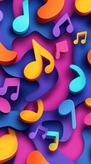 Poster - Colorful music notes in different sizes and shapes are floating on a vibrant, wavy background, creating a dynamic and energetic visual representation of music and sound