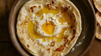 Delicious Flatbread with Egg and Butter on Plate