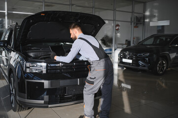 Leinwandbilder - Friendly mechanic in modern car repair shop with car. Professional technician checking vehicle diagnostics and maintenance. Concept of automotive industry and customer service