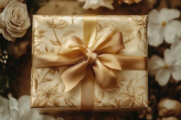 Wall Mural - Elegant gift box wrapped in floral paper and tied with a gold ribbon, perfect for celebrations and holidays