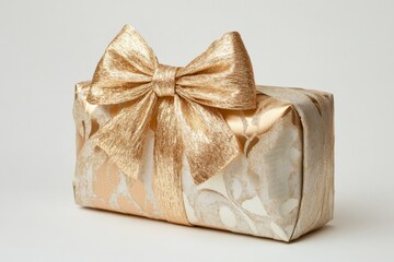 Wall Mural - Elegant golden gift box wrapped with ornate paper and tied with a beautiful gold ribbon bow, perfect for celebrating special occasions