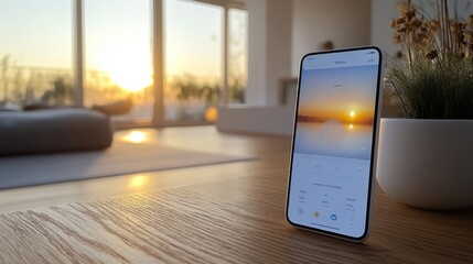 Aufkleber - A smartphone placed on a wooden surface shows a sunset forecast while warm light floods a modern living area, creating a serene atmosphere.