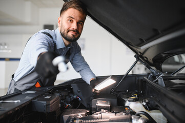 Leinwandbilder - Troubleshooting process. Auto mechanic working in garage. Repair service