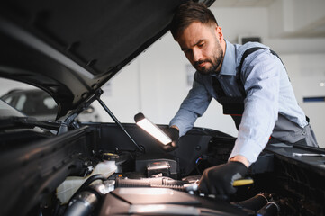 Leinwandbilder - Troubleshooting process. Auto mechanic working in garage. Repair service