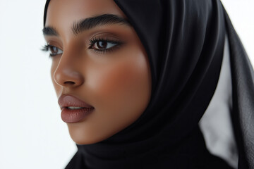 Beautiful elegant Muslim portrait close up woman wearing black hijab gazing towards against white background. Cultural differences and customs concept.