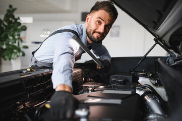 Leinwandbilder - Friendly mechanic in modern car repair shop with car. Professional technician checking vehicle diagnostics and maintenance. Concept of automotive industry and customer service