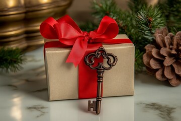 Large ornate key rests on a beautifully wrapped gift adorned with a vibrant red ribbon