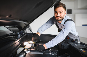 Fototapete - Troubleshooting process. Auto mechanic working in garage. Repair service