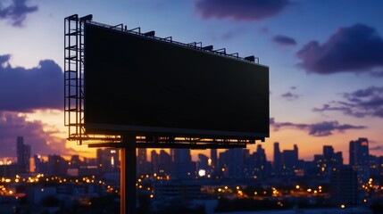Poster - Vibrant Urban Billboard Standing Tall on a Pole Against a Clear Blue Sky with Cityscape in Background Showcasing Advertising