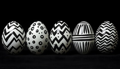 Poster - Stylish Black and White Decorative Easter Eggs with Striking Patterns on a Dark Background for Creative Celebration Themes or Artistic Displays