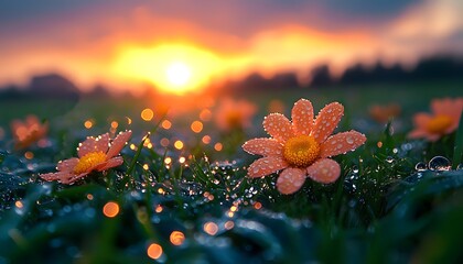 Aufkleber - Sunrise Over Dewy Orange Flowers in a Vibrant Meadow with Sparkling Bokeh Effects, Capturing the Essence of Nature's Morning Beauty and Tranquility