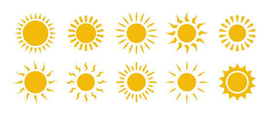 sun icon set in yellow color on white background. sun simple icons collection. yellow sun icon set, 
