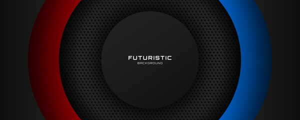 Poster - 3d black circles techno abstract background overlap layer on dark space with red blue lines effect d