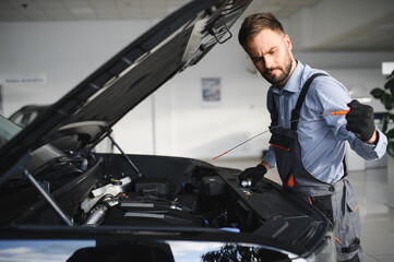 Leinwandbilder - Troubleshooting process. Auto mechanic working in garage. Repair service