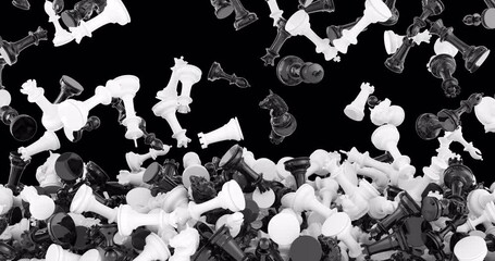 Poster - Black and white chess figures falling and fill the screen. 3D animation on transparent background
