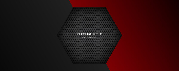 Poster - 3d black red techno abstract background overlap layer on dark space with hexagons effect decoration.
