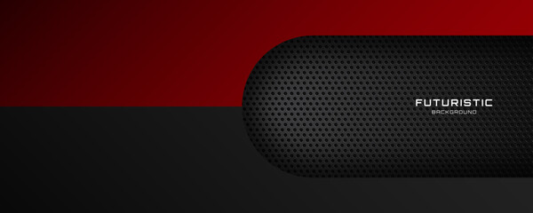 Poster - 3D black red techno abstract background overlap layer on dark space with rounded effect decoration. Graphic design element cutout style concept for web banner, flyer, card, or brochure cover