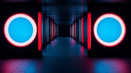 Poster - Neon Corridor with Circular Light Installations