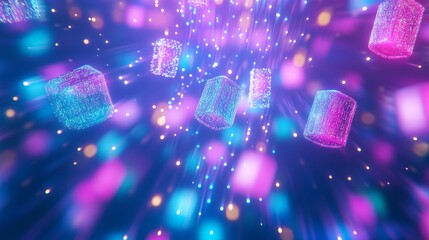 Poster - Neon Cubes Exploding in Purple Blue Space