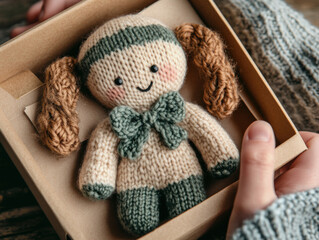 Handmade knitted doll placed inside gift box, evoking warmth and joy