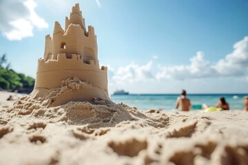 Wall Mural - Stunning sandcastle on a sunny beach with people relaxing by the ocean