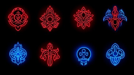Poster - Neon Geometric Symbols Red and Blue Ornamental Designs