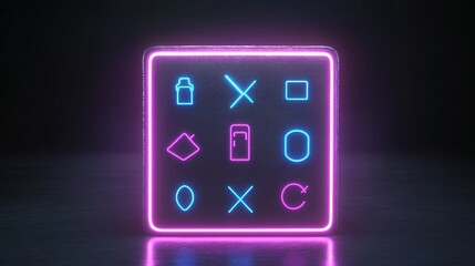 Poster - Neon Glowing Interface Icons Digital Square Display