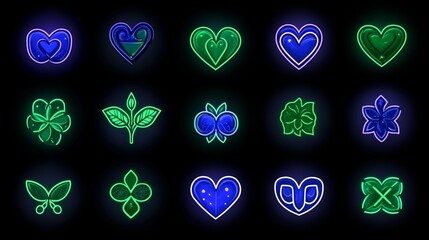 Poster - Neon Green Blue Heart Floral Icons Set Design