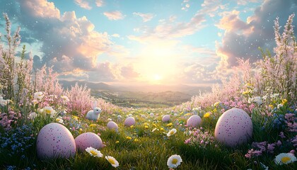 Poster - Serene Spring Landscape with Pastel Eggs and Playful Bunny Among Colorful Flowers Under a Bright Morning Sky