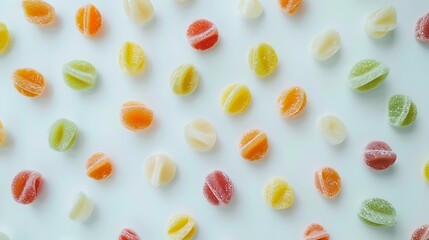 Wall Mural - Brightly colored hard candies spread out across a clean white background