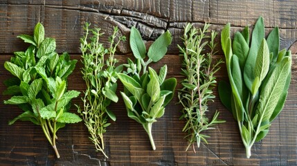 Wall Mural - Herbs and spices in wooden bowls on the table. Ideal for publications on healthy eating, folk medicine and cookery recipes.