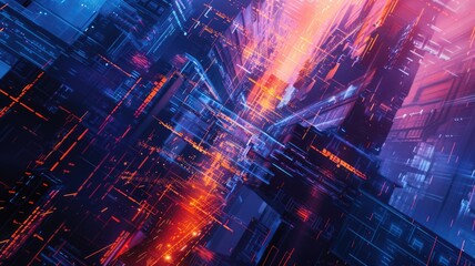 Poster - A dynamic cyberpunk abstract background featuring vibrant hues of blue, purple, and orange. Perfect for technology, art, or digital project themes.