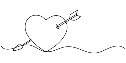 Fototapete - Valentine's Day Icon, Love at First Sight Vector Editable Line Illustration, Cupid s arrow in the continuous drawing of lines in the form of a heart with pastel neon color design. Continuous black. 