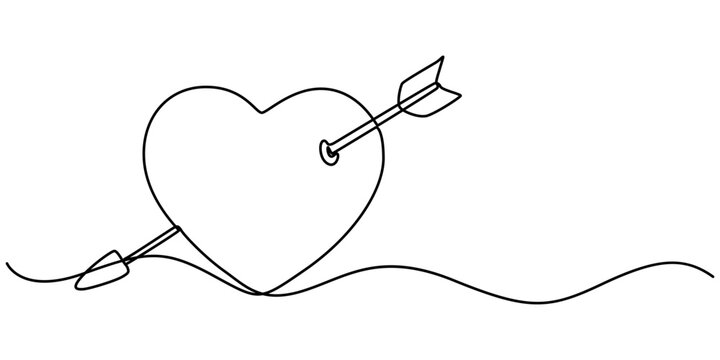Valentine's Day Icon, Love at First Sight Vector Editable Line Illustration, Cupid s arrow in the continuous drawing of lines in the form of a heart with pastel neon color design. Continuous black. 