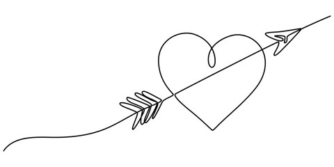 Fototapete - Valentine's Day Icon, Love at First Sight Vector Editable Line Illustration, Cupid s arrow in the continuous drawing of lines in the form of a heart with pastel neon color design. Continuous black. 