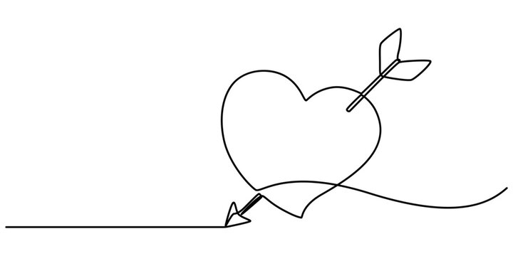 Valentine's Day Icon, Love at First Sight Vector Editable Line Illustration, Cupid s arrow in the continuous drawing of lines in the form of a heart with pastel neon color design. Continuous black. 