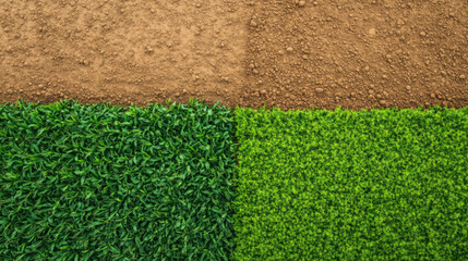 Wall Mural - top down view of two adjacent fields showcasing rich brown soil and vibrant green grass, illustrating contrast between cultivated land and natural vegetation