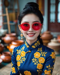 A woman in traditional attire with vibrant floral patterns and stylish red sunglasses, smiling amidst a background of pottery.