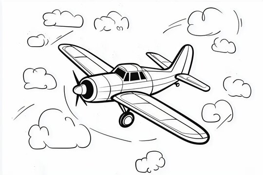 Cartoon-style airplane flying with simple cloud shapes around.