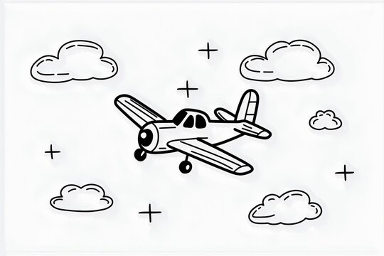 Cartoon-style airplane flying with simple cloud shapes around.