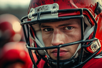 Wall Mural - Close-Up Portrait of a Determined American Football Player Wearing Helmet, Generative AI art